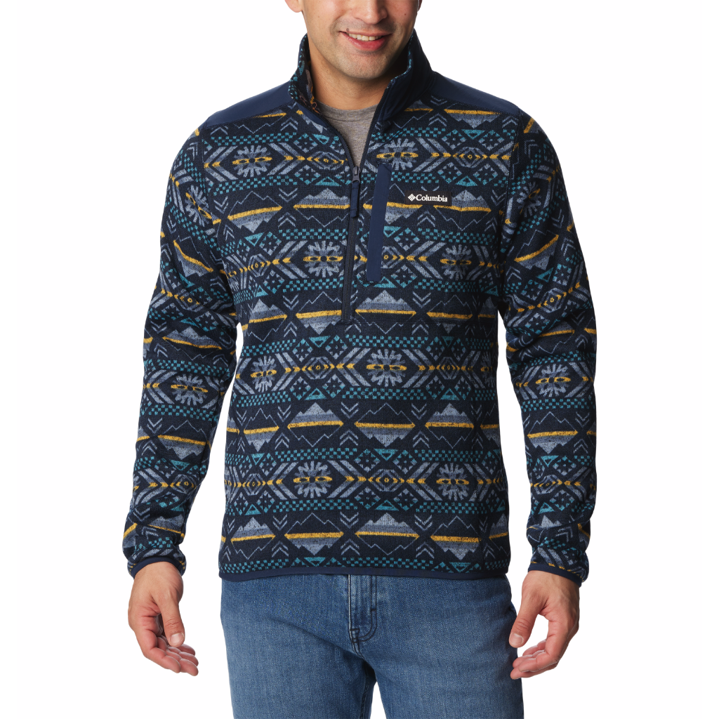 Columbia Men&#39;s Sweater Weather II 1/2 Zip Printed Fleece Collegiate Navy Checkered Peaks Print - Booley Galway