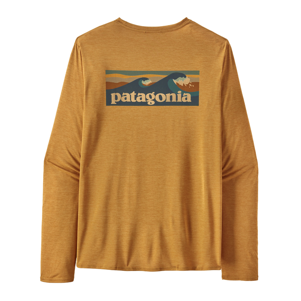 Patagonia Men&#39;s Capilene Cool Daily Graphic L/S - Waters Boardshort Logo / Pufferfish Gold X-Dye - Booley Galway
