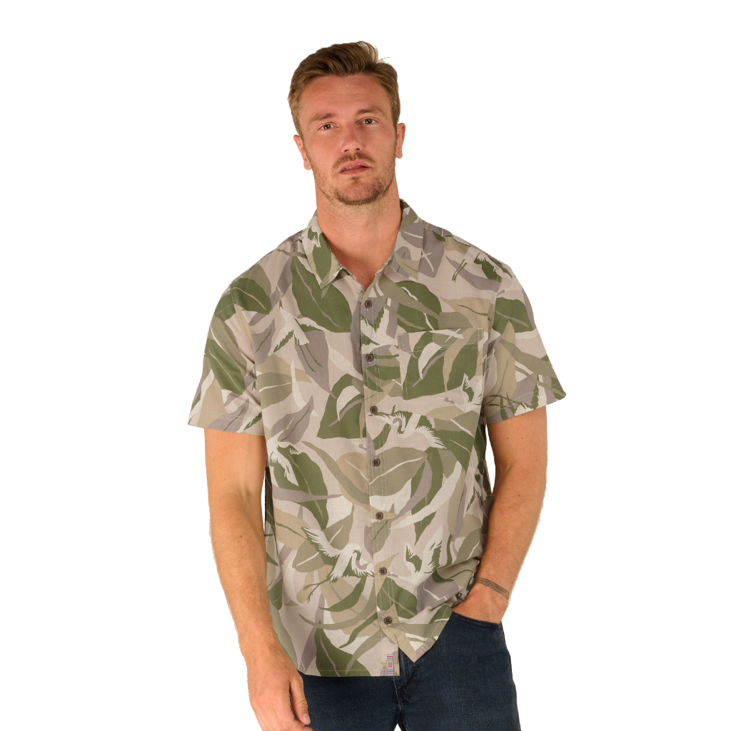 Sherpa Adventure Gear Men&#39;s Jangbu Short Sleeve Shirt Sage Sarus Crane - Booley Galway