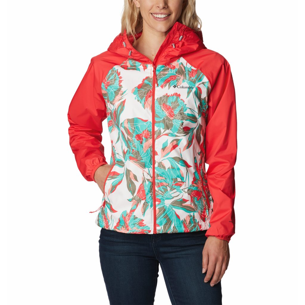 Columbia Women&#39;s Ulica Rain Jacket White Leafy Lines Multi Print / Red Hibis - Booley Galway